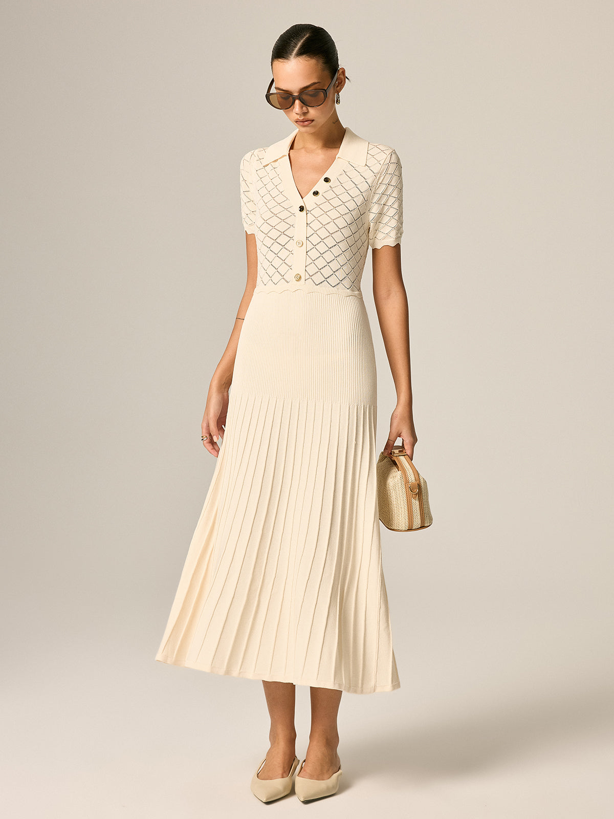Robe longue tricot col polo plissée