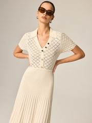 Robe longue tricot col polo plissée