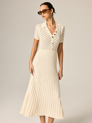 Robe longue tricot col polo plissée