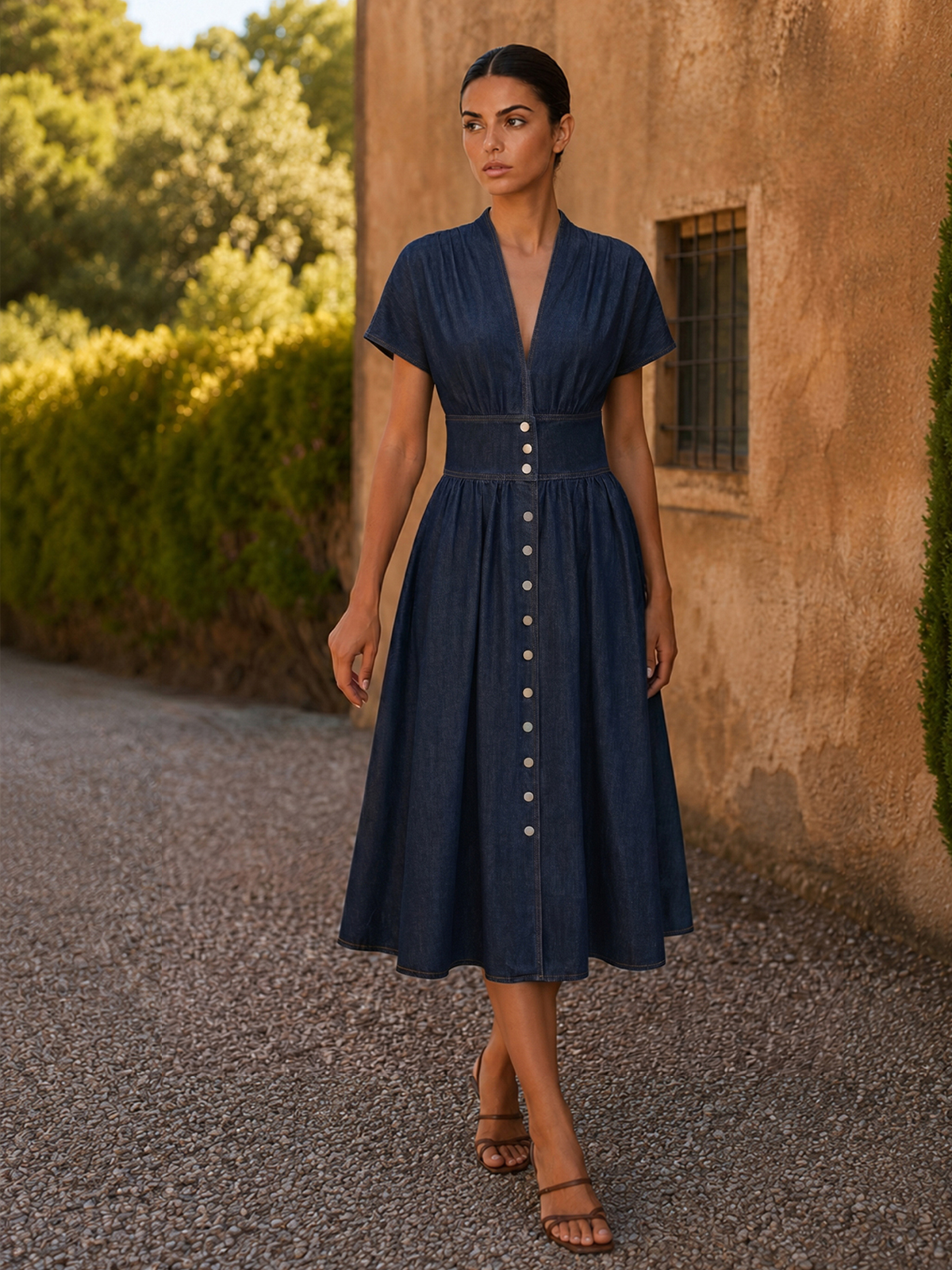 Robe maxi en jean col V