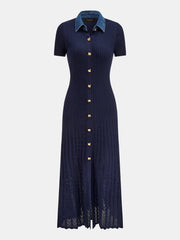 Robe maxi côtelée col denim
