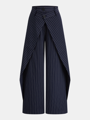 Pantalon rayé marine à rabat, pièce seule, vue de face
