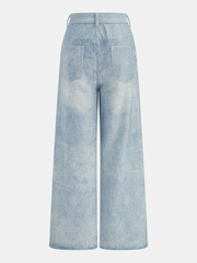 Jean fleuri jambe large bleu clair, pièce seule, vue de dos