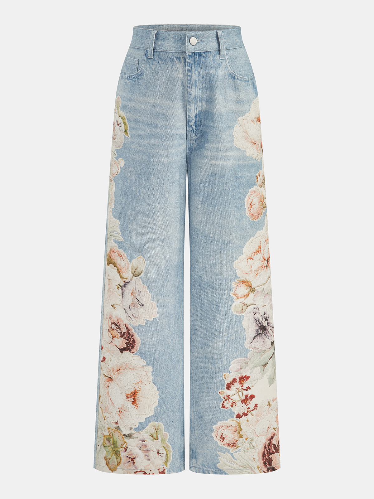 Jean fleuri jambe large bleu clair, pièce seule, vue de face