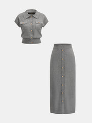 Ensemble jupe tricot boutons métal gris — vue de face, ensemble complet