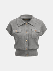 Ensemble jupe tricot boutons métal gris — vue de face du haut à manches courtes boutonné