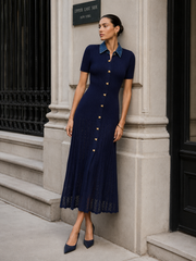 Robe maxi côtelée col denim