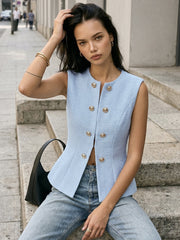 Gilet tweed bleu à boutons