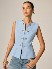 Gilet tweed bleu à boutons