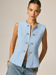 Gilet tweed bleu à boutons