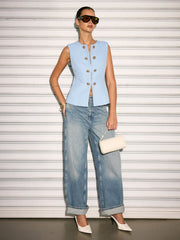 Gilet tweed bleu à boutons