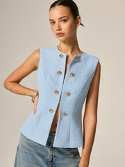 Gilet tweed bleu à boutons