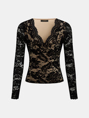 Top dentelle col V manches longues