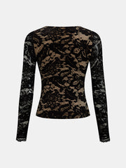 Top dentelle col V manches longues