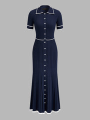 Robe midi côtelée col passepoilé contrasté