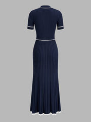 Robe midi côtelée col passepoilé contrasté