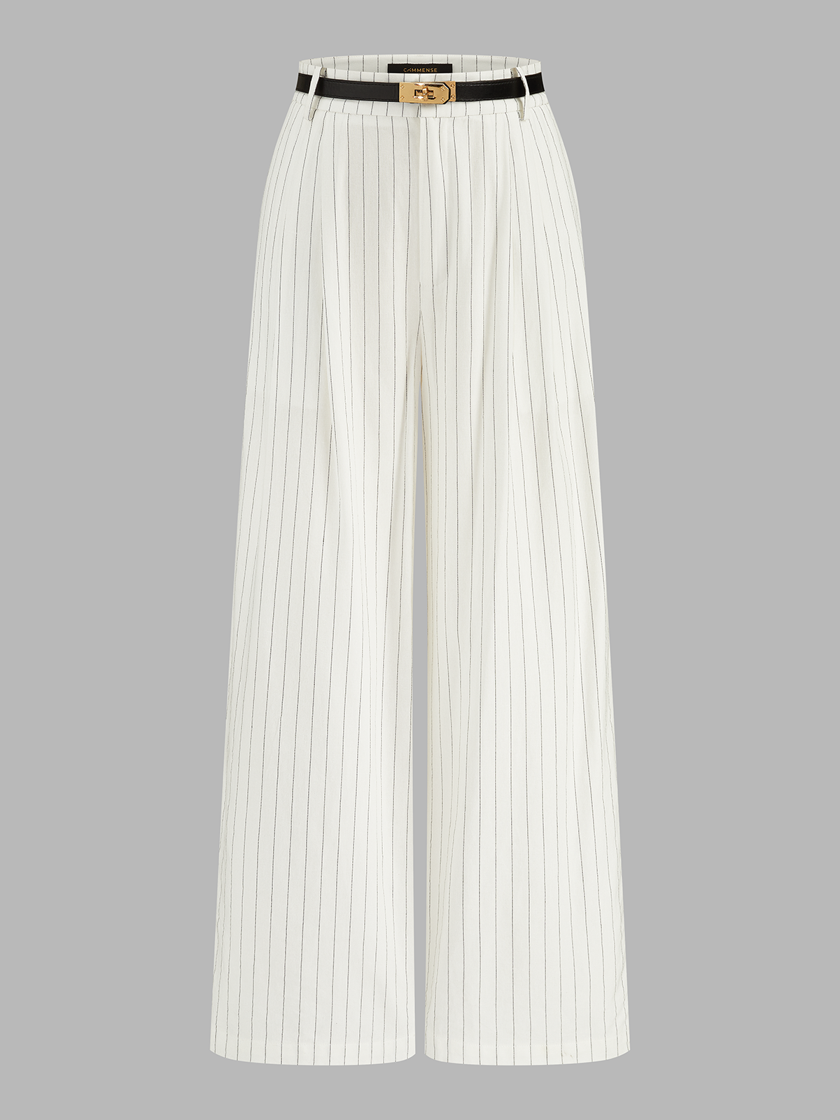 Pantalon rayé ceinturé en lin ivoire, pièce seule, vue de face