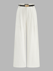 Pantalon rayé ceinturé en lin ivoire, pièce seule, vue de face