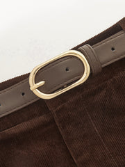 Pantalon velours côtelé plissé ceinture brun foncé, détail de la ceinture