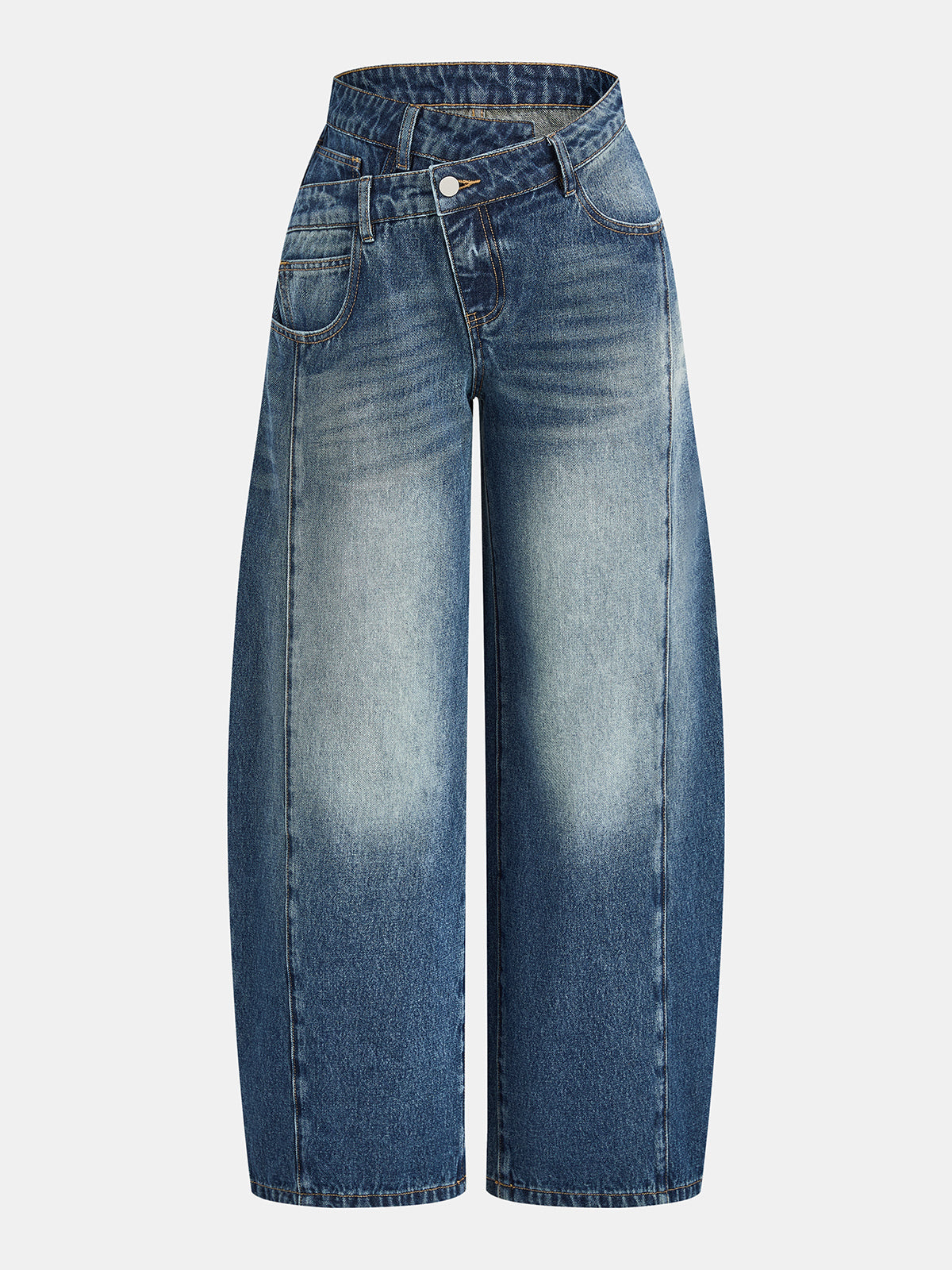 Jean barrel à taille asymétrique bleu, pièce seule, vue de face