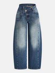 Jean barrel à taille asymétrique bleu, pièce seule, vue de face