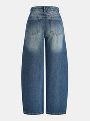 Jean barrel à taille asymétrique bleu, pièce seule, vue de dos