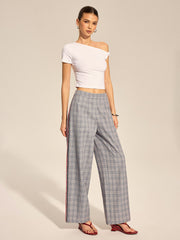 Pantalon à carreaux bande latérale gris, vue portée de face