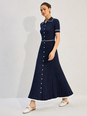 Robe midi côtelée col passepoilé contrasté