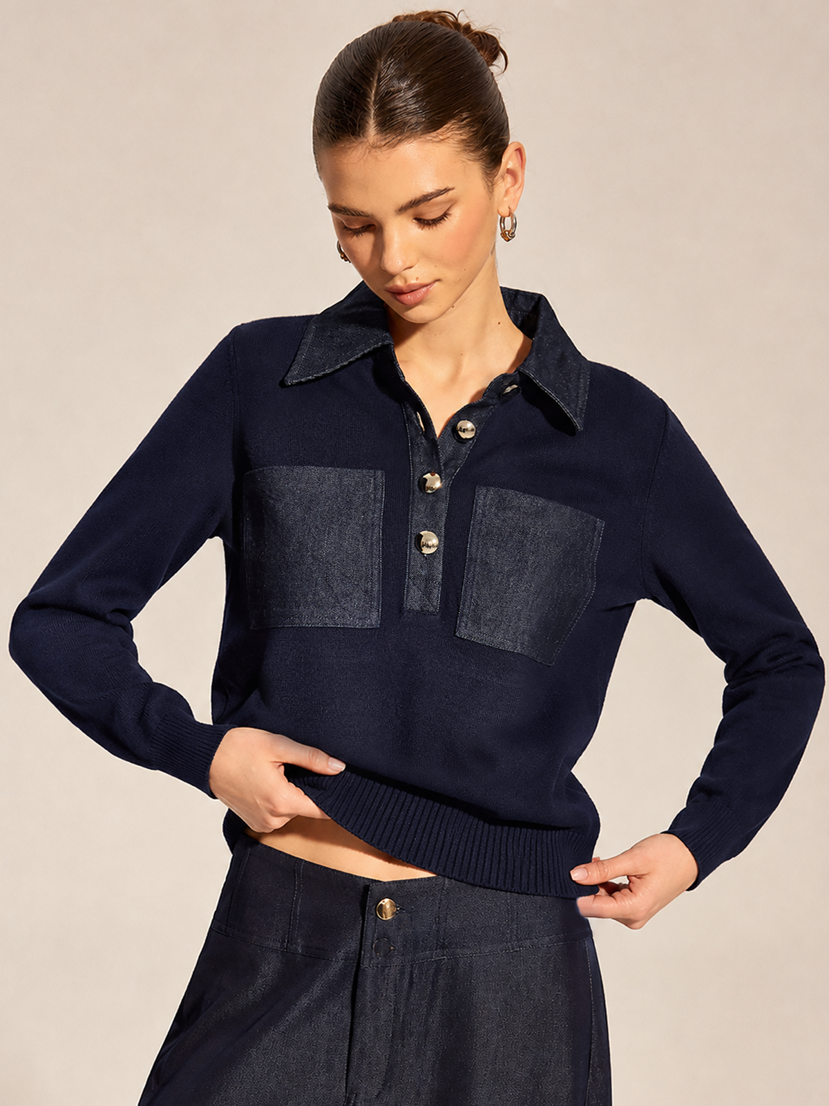 Top col polo manches longues