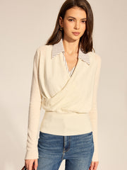 Pull rayé col polo effet superposé