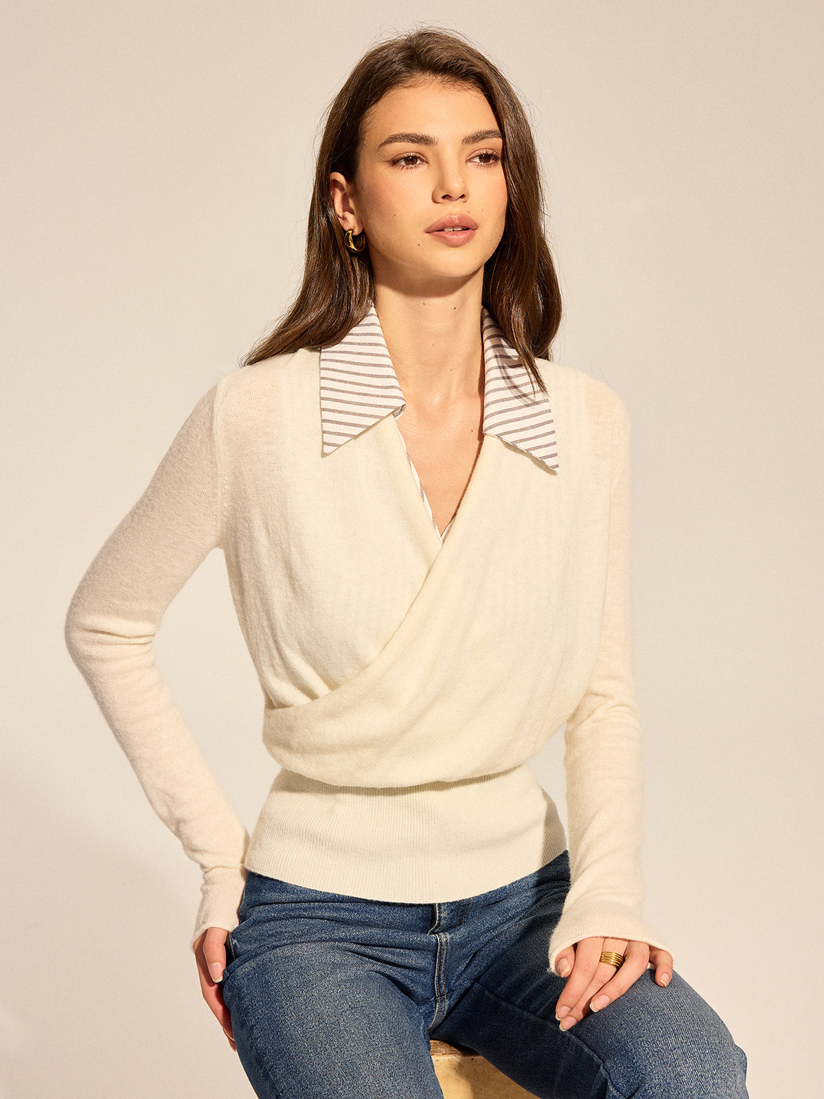 Pull rayé col polo effet superposé
