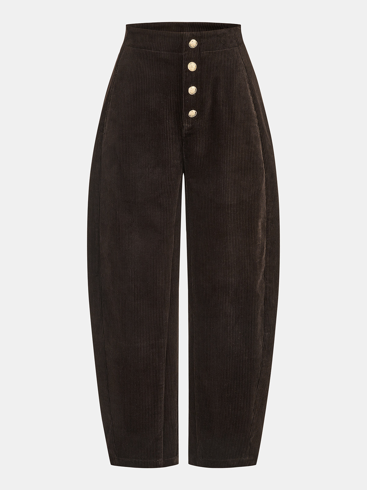 Pantalon velours côtelé jambe tonneau marron, pièce seule, vue de face