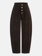 Pantalon velours côtelé jambe tonneau marron, pièce seule, vue de face