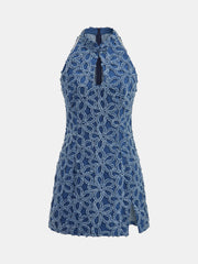 Robe denim fleurie boutons chinois