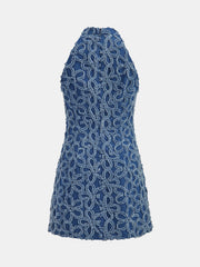 Robe denim fleurie boutons chinois