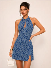 Robe denim fleurie boutons chinois