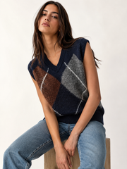 Pull sans manches col V losanges