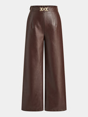 Pantalon similicuir brun à boucle dorée, pièce seule, vue de face