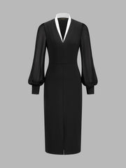 Robe midi col V manches transparentes
