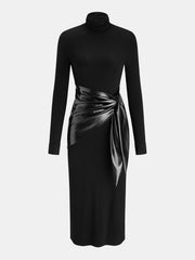 Robe col montant simili cuir ceinturée