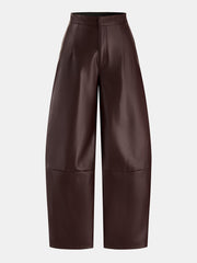 Pantalon barrel en simili cuir chocolat, pièce seule, vue de face