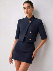 Blazer noir manches trois-quarts — vue portée de face, ensemble en version bleu marine