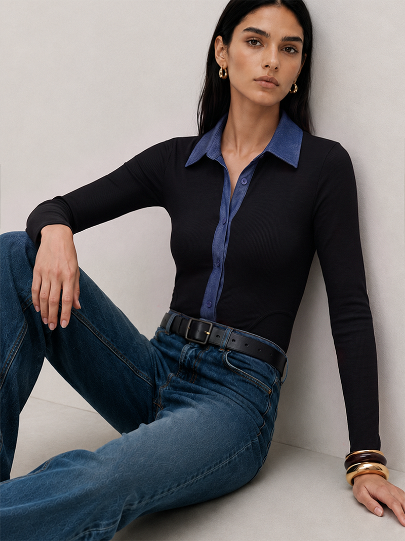 Body côtelé col denim