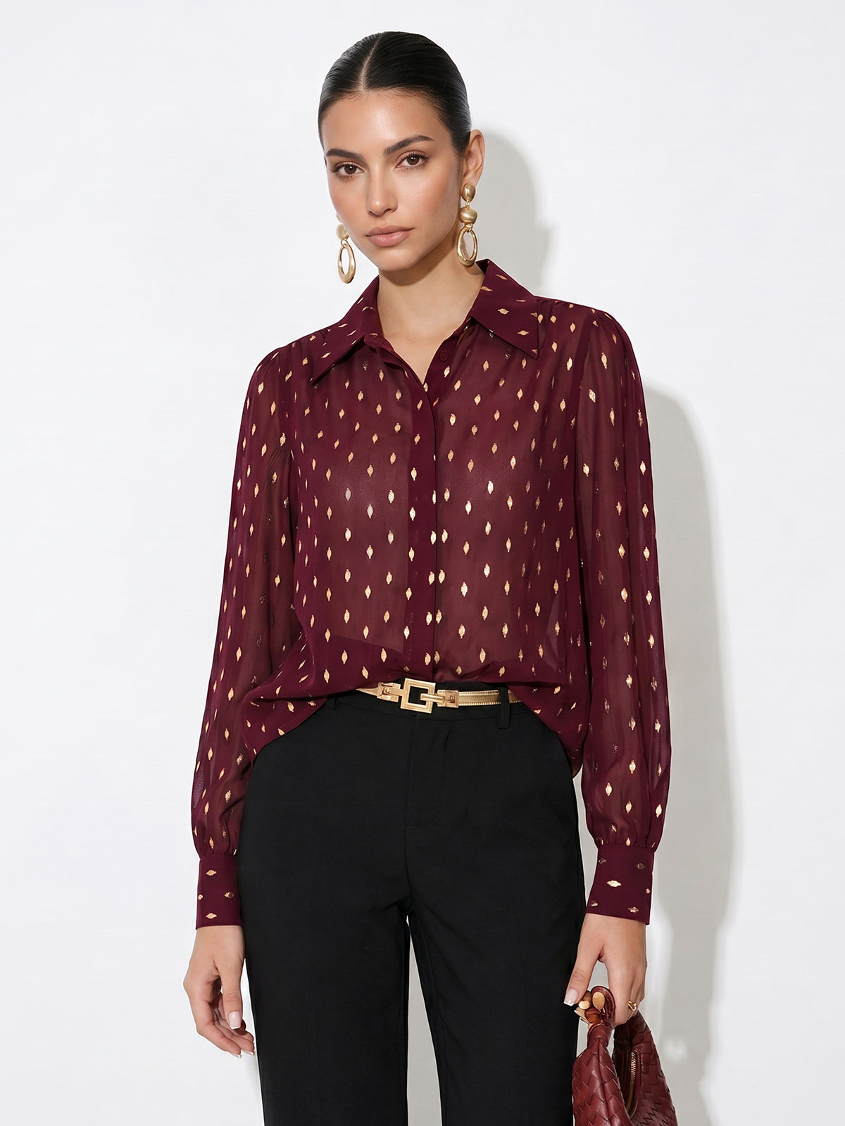 Chemise semi-transparente à pois dorés