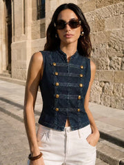 Top denim col montant