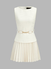 Robe mini sans manches ceinturée tweed