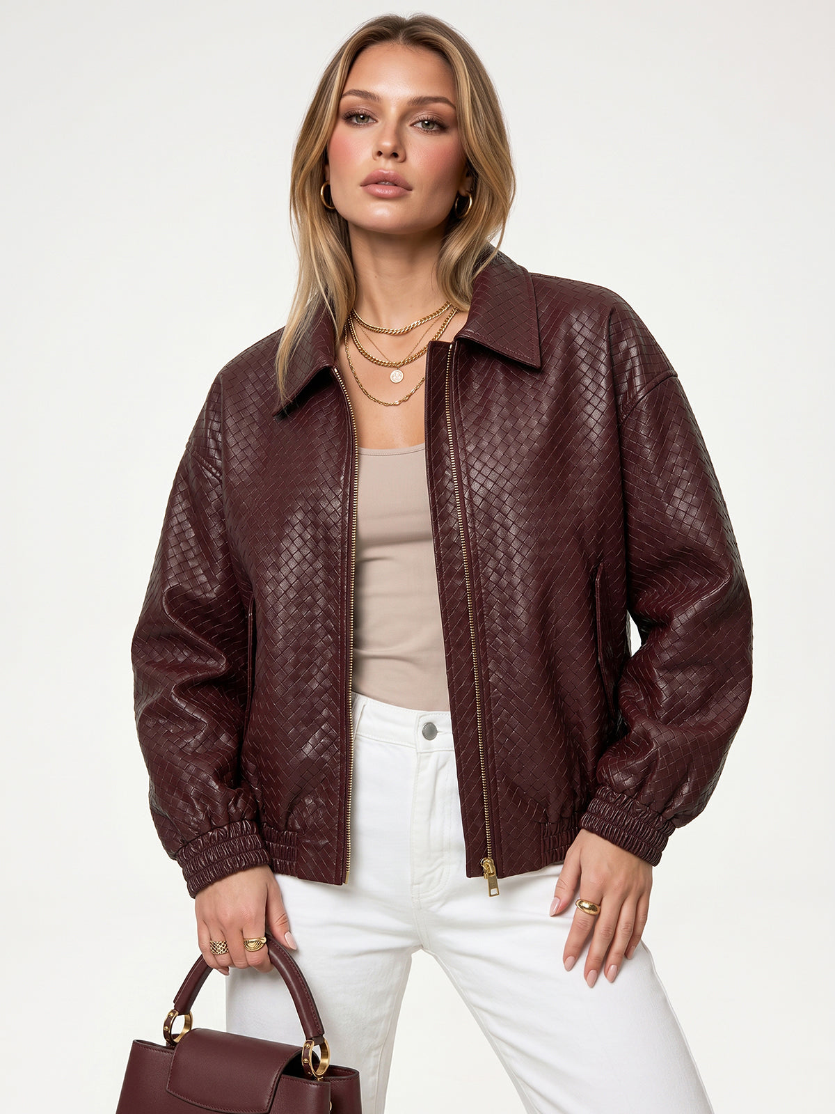 Veste bomber similicuir tressé