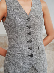 Ensemble tweed sans manches boutonné