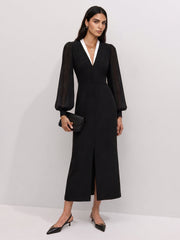 Robe midi col V manches transparentes