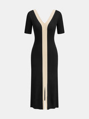 Robe midi bicolore col V fendu